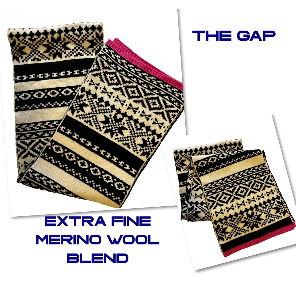 Gap Crazy Fair Isle - Merino Wool Blend Scarf  - Black & White With Pink Accent